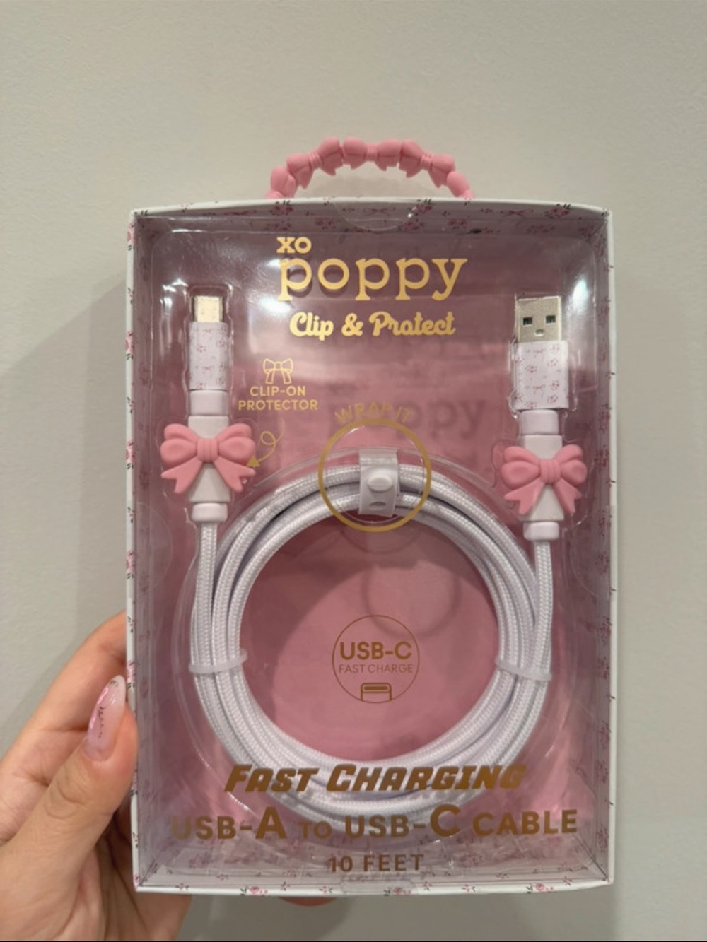 🎀XO Poppy~10 Ft Fast Charging Cable Pink Bow Protector USB-A to USB-C